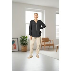 Fancyqube Black Long Sleeve Sheer Top Women's 1/2 Zip Sz S Button Cuff